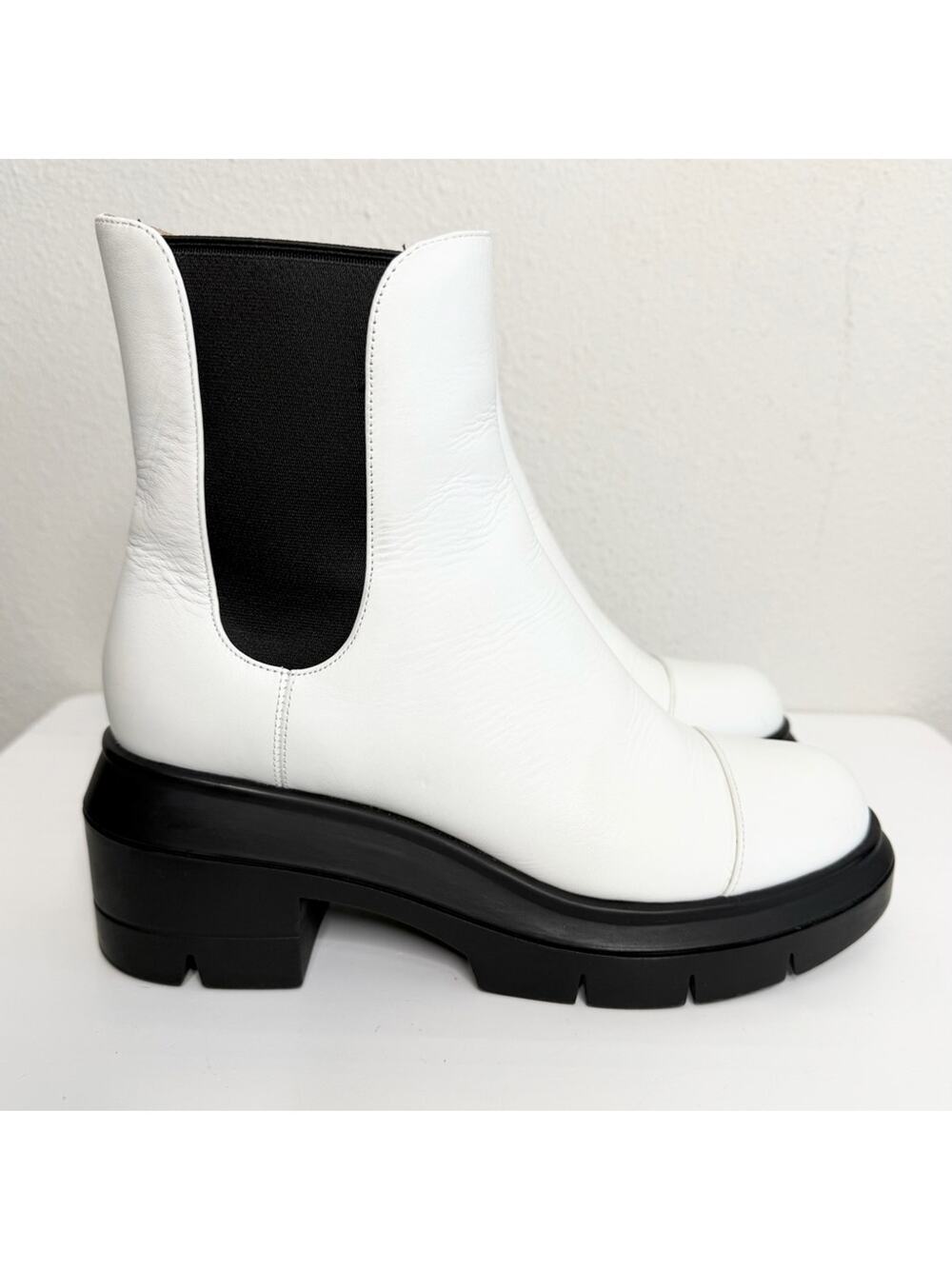 Stuart Weitzman Norah Chelsea Chunky Platform Boots in White Leather Size 37.5